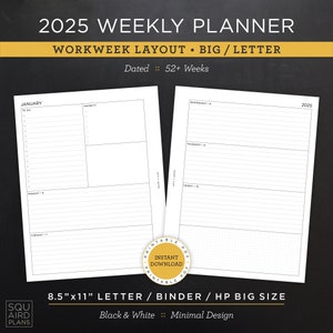 Planificador semanal 2025 imprimible • Diseño de semana laboral • Carta/carpeta/HP de 8,5" x 11" tamaño grande • Diseño minimalista y neutro • 2 páginas (descargar)