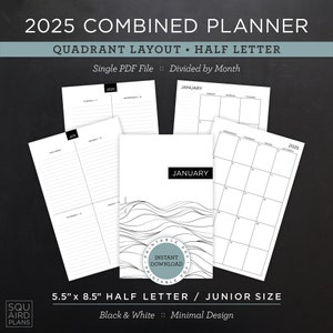 Planejador combinado 2025 para impressão • Layout quadrante • 5,5" x 8,5" meia carta/tamanho júnior • Design mínimo e neutro (download instantâneo)