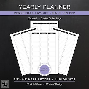 日付なしの年間プランナー印刷可能 • 永久レイアウト • 5.5" x 8.5" ハーフレター/ジュニアサイズ • ミニマルでニュートラルなデザイン • 4 ページ (ダウンロード)