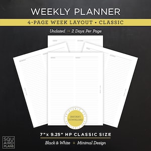 Odaterad veckoplanerare, utskrivbar • 4-sidig veckolayout • 7" x 9,25" HP Classic-storlek • Minimalistisk, neutral design • 2 dagar per sida (nedladdning)