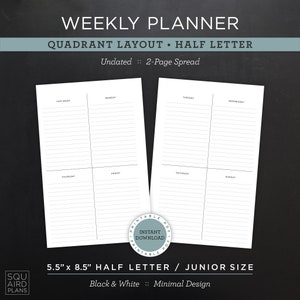 Planejador semanal sem data para impressão • Layout quadrante • 5,5" x 8,5" meia carta/tamanho júnior • Design mínimo e neutro • Download de 2 páginas espalhadas