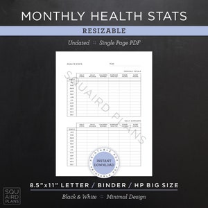 Seguimiento mensual de estadísticas de salud • Planificador anual sin fecha • Planificador redimensionable imprimible • Tamaño carta de 8,5” x 11” PDF (Descargar)