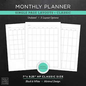 Planificador mensual sin fecha imprimible • Diseños de una sola página • Tamaño clásico HP de 7 &quot;x 9,25” • Diseño minimalista y neutro • 3 opciones (descarga en PDF)