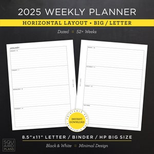 Planificador semanal 2025 imprimible • Diseño horizontal • Carta/carpeta/HP de 8,5"x11" tamaño grande • Diseño minimalista y neutro • 2 páginas extendidas (descargar)