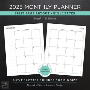 Planificador mensual 2025 imprimible • Diseño de páginas divididas • Carta/carpeta/HP de 8,5"x11" tamaño grande • Diseño minimalista y neutro • Doble página (descargar)