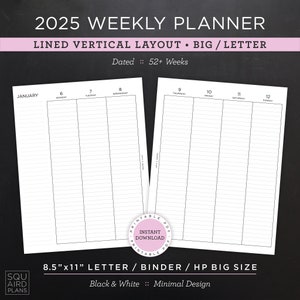 Planificador semanal 2025 imprimible • Diseño vertical con líneas • Carta/carpeta/HP de 8,5"x11" tamaño grande • Diseño minimalista y neutro • Descarga de 2 páginas