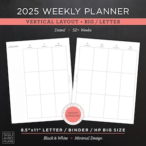 Planificador semanal 2025 imprimible • Diseño vertical • Carta/carpeta/HP de 8,5"x11" tamaño grande • Diseño minimalista y neutro • 2 páginas extendidas (descargar)