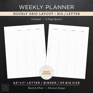 Planificador semanal sin fecha imprimible • Diseño de cuadrícula por horas • Carta/carpeta/HP de 8,5"x11" tamaño grande • Diseño minimalista y neutro (descarga instantánea)