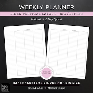 Planificador semanal sin fecha imprimible • Diseño vertical con líneas • Carta/carpeta/HP de 8,5"x11" tamaño grande • Diseño minimalista y neutro (descarga instantánea)
