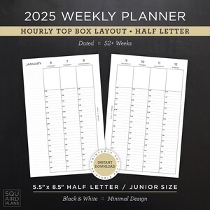 Planejador semanal de 2025 para impressão • Layout da caixa superior por hora • 5,5" x 8,5" meia carta/tamanho júnior • Design mínimo e neutro • Página espelhada em 2 páginas (PDF)