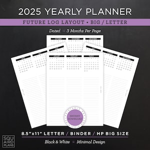Planificador anual 2025 imprimible • Diseño de registro futuro • Carta/carpeta/HP de 8,5"x11" tamaño grande • Diseño minimalista y neutro • 4 páginas + bonificación (PDF)