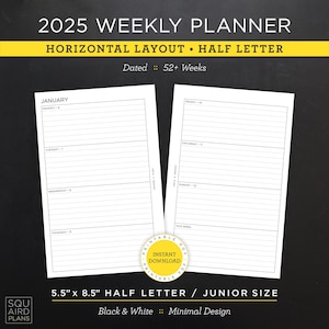 2025 Weekly Planner Printable • Horizontal Layout • 5.5&quot; x 8.5&quot; Half Letter/Junior Size • Minimal, Neutral Design • 2 Page Spread (Download)