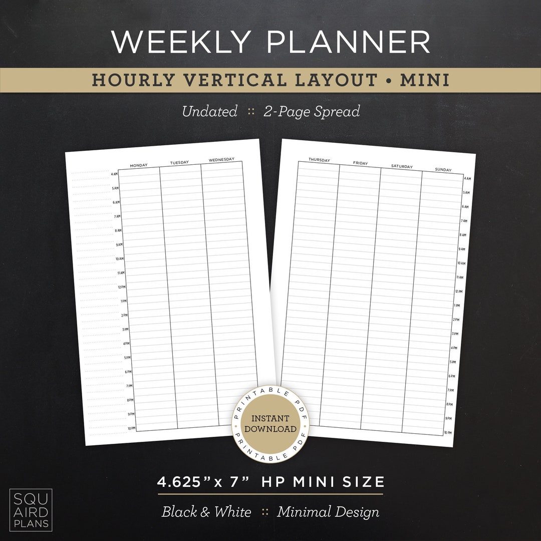 Undated Weekly Planner Printable • Hourly Vertical Layout • 4.625" X 7 ...
