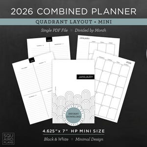 Puede incluir: Un planificador combinado 2026 en blanco y negro con diseño de cuadrante y tamaño mini. El planificador incluye un calendario, páginas semanales y mensuales. El planificador mide 11,7 cm x 17,8 cm y tiene un diseño minimalista.