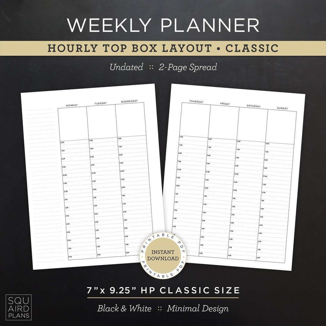 Undated Weekly Planner Printable • Hourly Top Box Layout • 7
