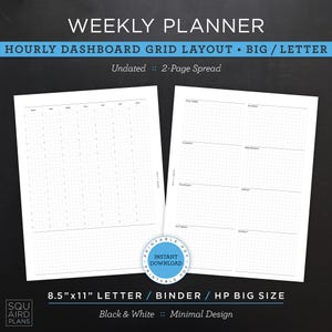 Planificador semanal imprimible sin fecha • Diseño de cuadrícula para tablero por horas • Tamaño carta/carpeta/HP grande de 8.5" x 11" • Diseño minimalista y neutro • 2 páginas (PDF)