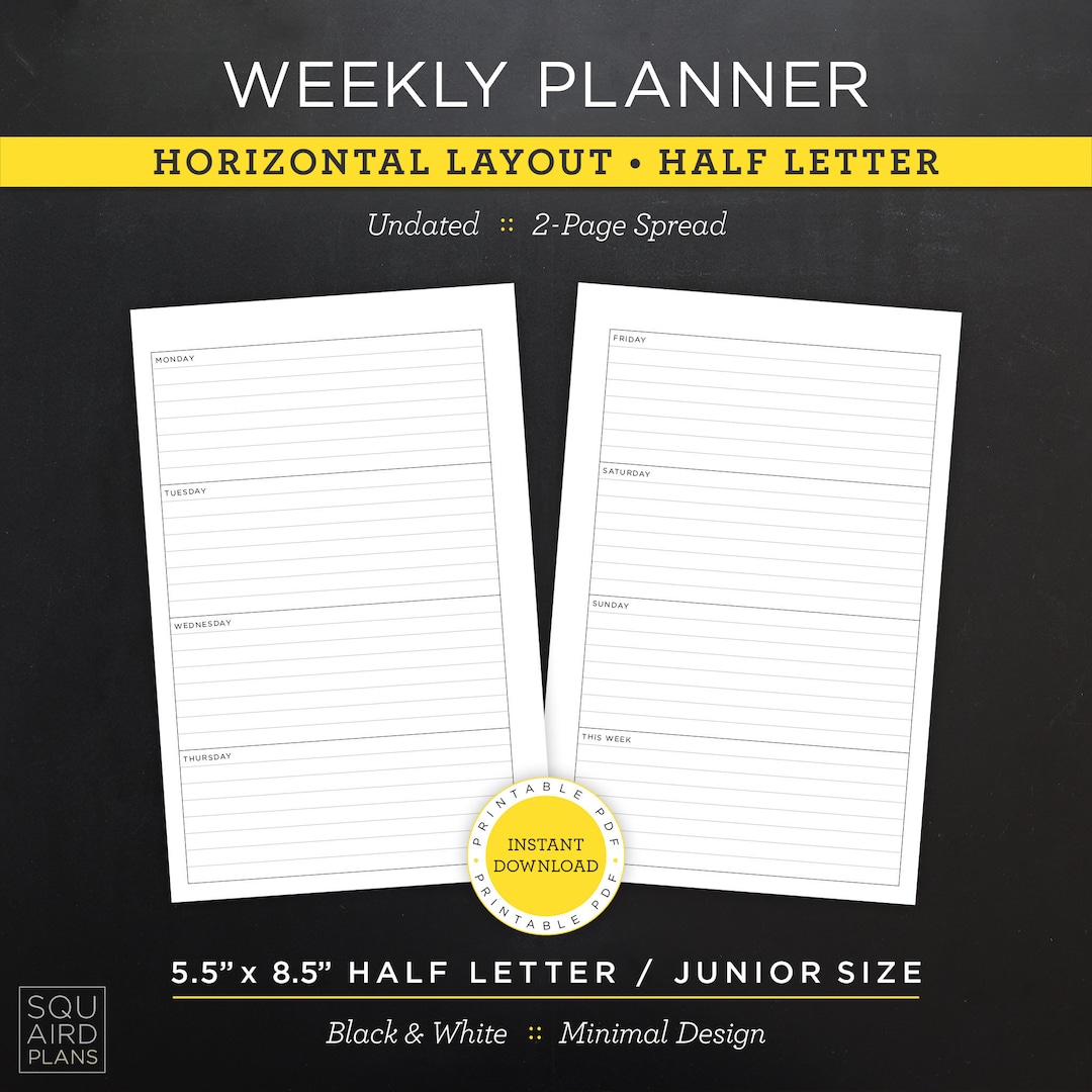 Undated Weekly Planner Printable • Horizontal Layout • 5.5" X 8.5" Half ...