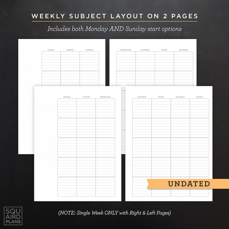 May include: A printable weekly subject layout planner with two pages. The planner includes both Monday and Sunday start options. The planner is undated and includes the text "NOTE: Single Week ONLY with Right & Left Pages".