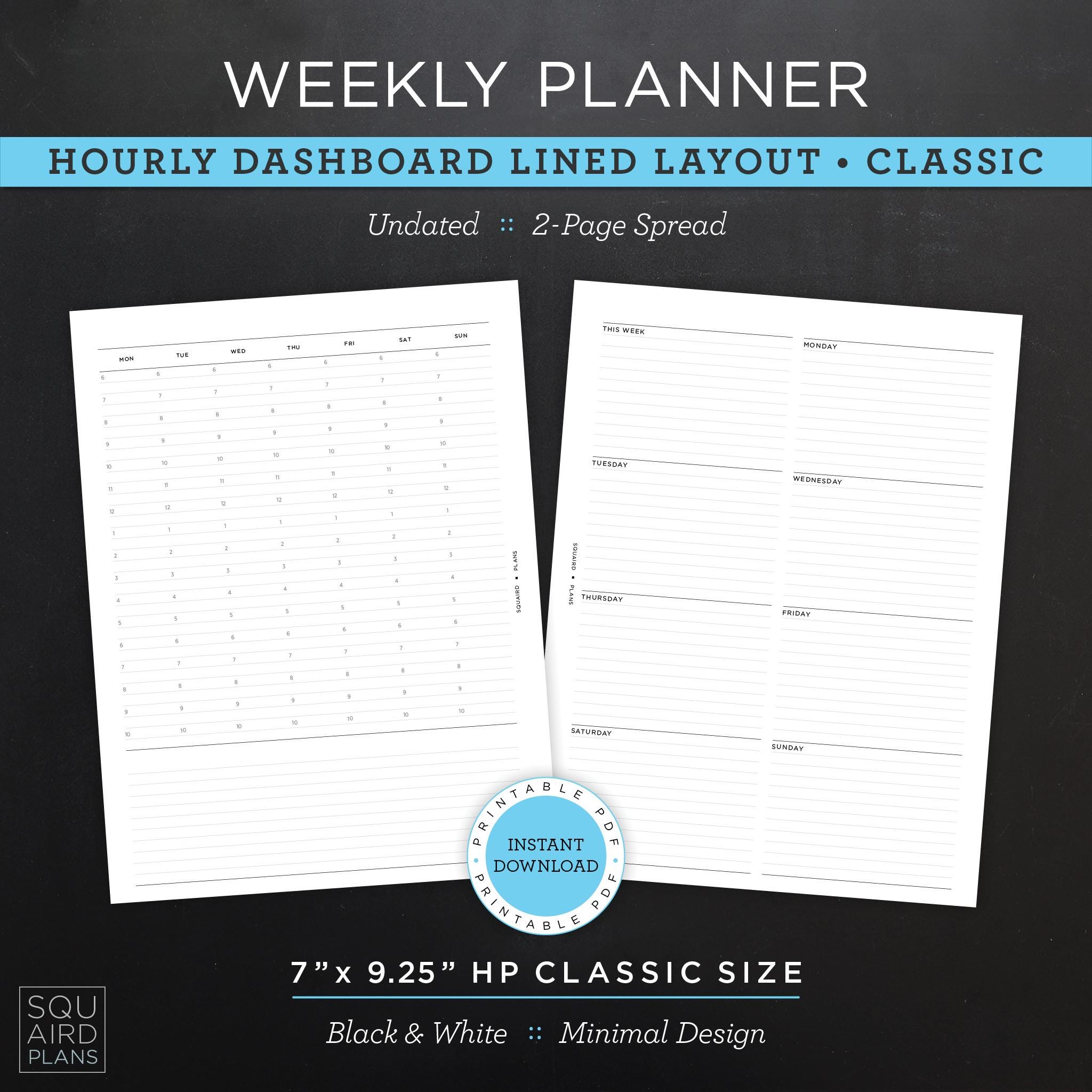 Undated Weekly Planner Printable • Hourly Dashboard Lined Layout • 7