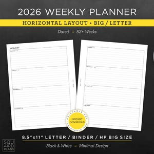 2026 Weekly Planner Printable • Horizontal Layout • 8.5&quot;x11&quot; Letter/Binder/HP Big Size • Minimal, Neutral Design • 2 Page Spread (Download)