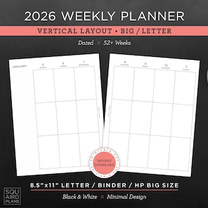 Utskrivbar veckoplanerare 2026 • Vertikal layout • 8,5"x11" Letter/Binder/HP stor storlek • Minimalistisk, neutral design • 2-sidigt uppslag (nedladdning)