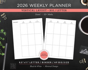 2026 Weekly Planner Printable • Vertical Layout • 8.5"x11" Letter/Binder/HP Big Size • Minimal, Neutral Design • 2 Page Spread (Download)