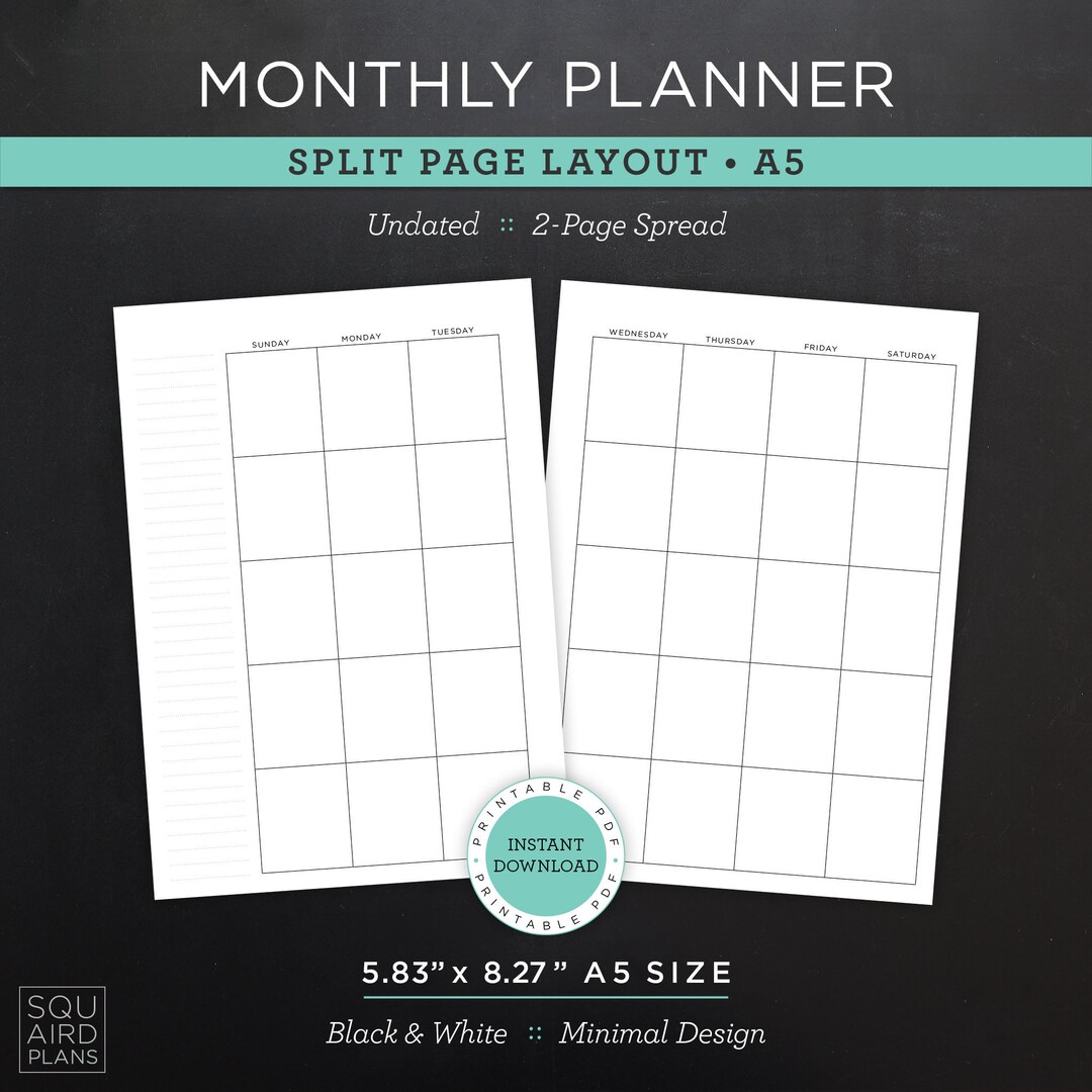 undated-monthly-planner-printable-split-page-layout-5-83-x-8-27-a5-size-minimal-neutral-design-2-pg-spread-download-etsy for A5 Monthly Planner Printable Free Undated Monthly Planner Printable • Split Page Layout • 5.83
