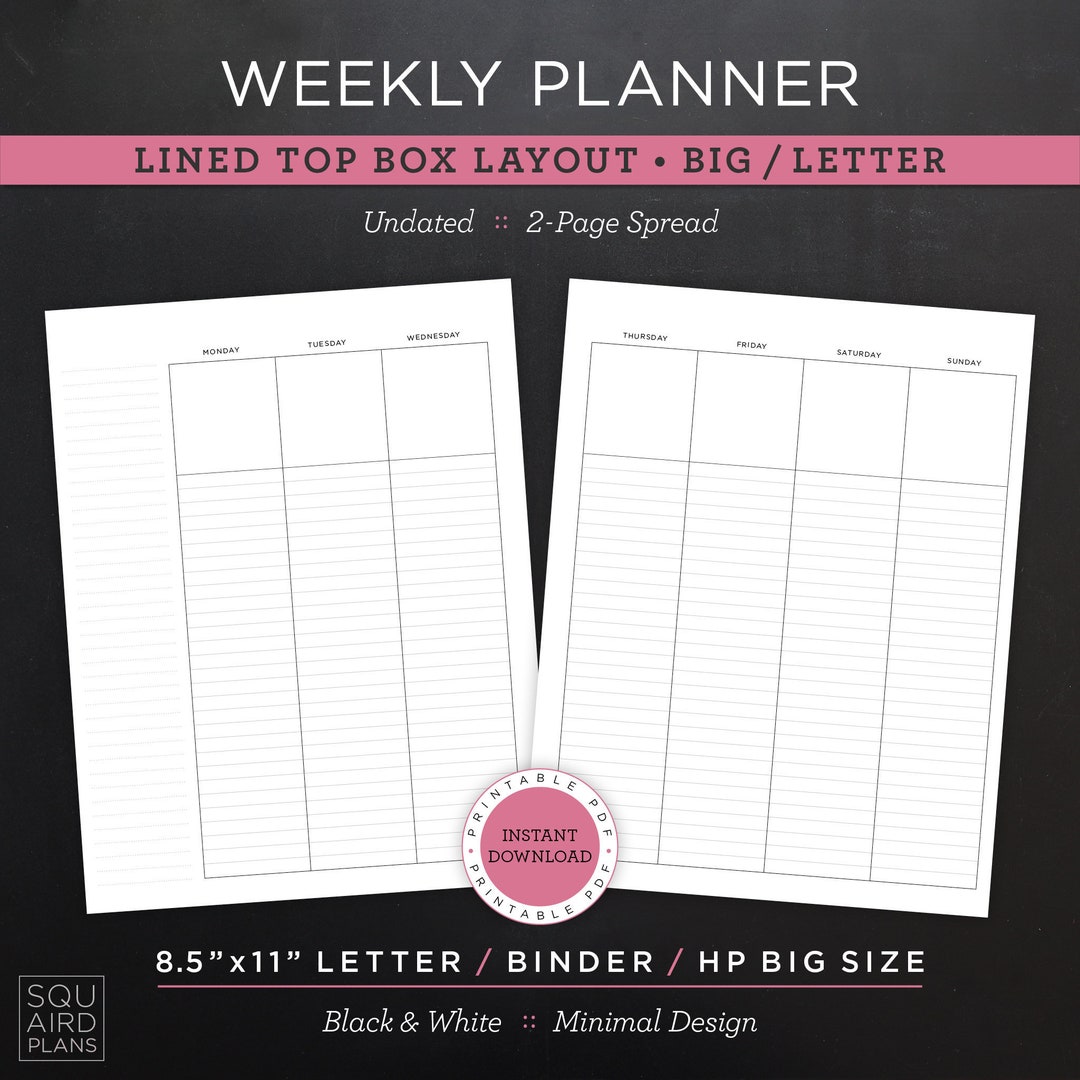 Undated Weekly Planner Printable • Lined Top Box Layout • 8.5