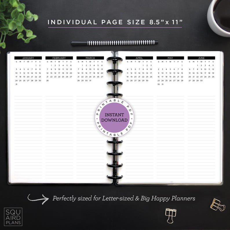 May include: Open planner with a black spiral binding, displaying a weekly layout with lined pages and a calendar for January through June. The text "INDIVIDUAL PAGE SIZE 8.5" x 11"" is at the top. A purple circle with "INSTANT DOWNLOAD" is in the center.