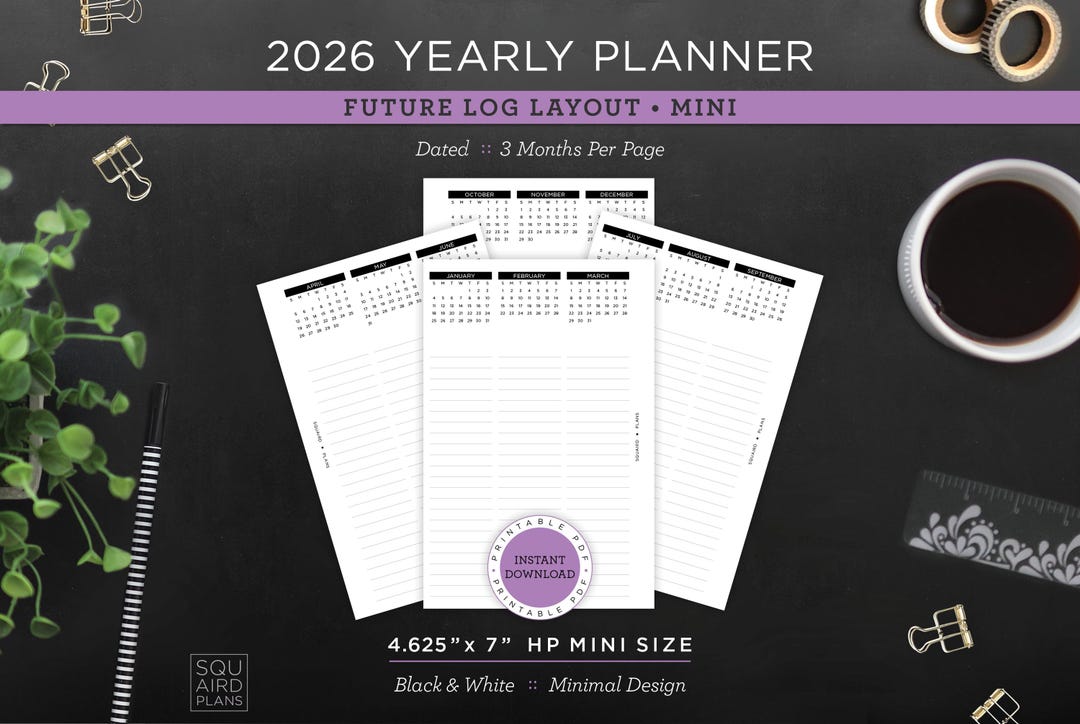 2026 Yearly Planner Printable • Future Log Layout • 4.625" X 7" HP Mini ...