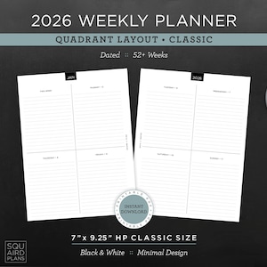 Puede incluir: Un planificador semanal 2026 con diseño de cuadrante y clásico. El planificador mide 17,78 cm x 23,5 cm y presenta un diseño minimalista en blanco y negro. La imagen incluye una taza de café, artículos de papelería y el texto "Descarga instantánea".