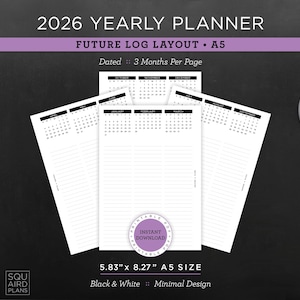 Peut inclure: Un planificateur annuel 2026 en noir et blanc avec une mise en page future. Le planificateur est de taille A5, mesurant 14,8 cm x 21 cm, et présente un design minimaliste. Les pages sont datées de 3 mois par page.