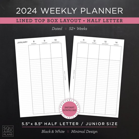 Agenda settimanale 2024 stampabile Layout top box a righe Mezza  lettera/formato Junior 5,5 x 8,5 pollici Design minimale e neutro download  istantaneo -  Italia