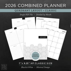 Puede incluir: Un planificador combinado de 2026 con diseño clásico y diseño de cuadrante. El planificador está dividido por meses y tiene un tamaño de 17.78 cm x 23.5 cm. El diseño es en blanco y negro con un diseño minimalista.