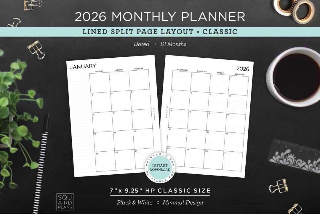 2026 Monthly Planner Printable • Lined Split-page Layout • 7" X 9.25 ...