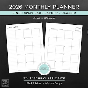 May include: A minimalist 2026 monthly planner with a lined split-page layout. The planner is in a classic design, featuring a black and white color scheme. The pages are 7" x 9.25" in size, with a minimal design. The image also includes a cup of coffee and stationery.