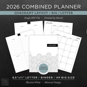 Puede incluir: Un planificador combinado de 2026 con diseño de cuadrante, disponible como un único archivo PDF. El diseño es en blanco y negro con un diseño minimalista. El planificador incluye calendarios mensuales y diseños semanales. El tamaño es de 21,6 x 27,9 cm.