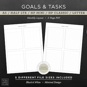 May include: A black and white planner layout with the text "GOALS & TASKS". The planner includes monthly and weekly task pages. The design is minimalist, with the text "5 DIFFERENT FILE SIZES INCLUDED" and "Black & White :: Minimal Design".