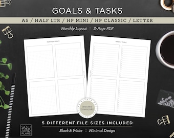 May include: A black and white planner layout with the text "GOALS & TASKS". The planner includes monthly and weekly task pages. The design is minimalist, with the text "5 DIFFERENT FILE SIZES INCLUDED" and "Black & White :: Minimal Design".