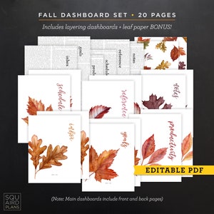 Fall Watercolor Leaf Dashboard Set • Editable Planner Printable PDF • 8 ...