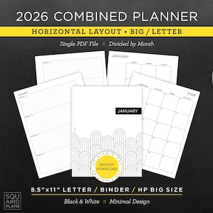 2026 Combined Planner Printable • Horizontal Layout • 8.5&quot;x11&quot; Letter/Binder/HP Big Size • Minimal, Neutral Design (Instant Download)