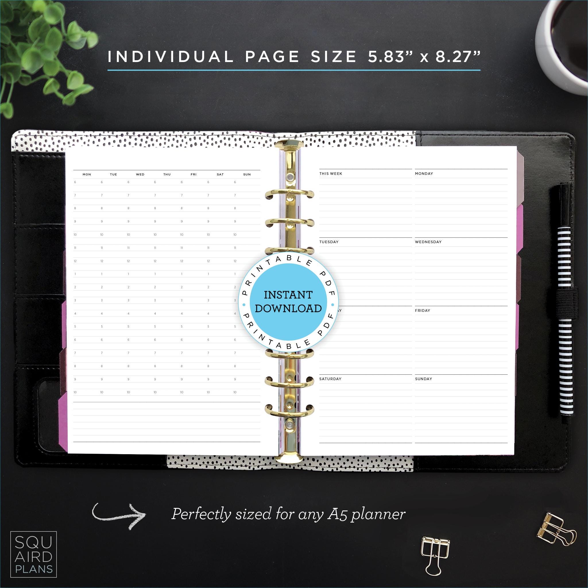 Undated Weekly Planner Printable • Hourly Dashboard Lined Layout • 5.83 ...