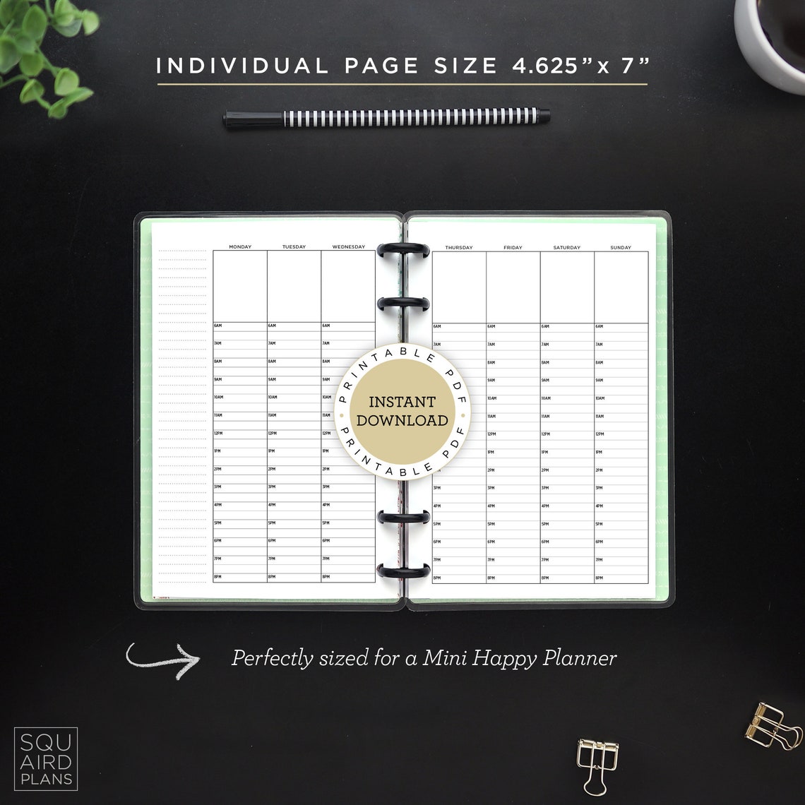 Undated Weekly Planner Printable • Hourly Top Box Layout • 4.625