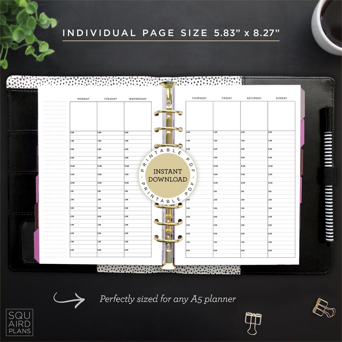 Undated Weekly Planner Printable • Hourly Top Box Layout • 5.83