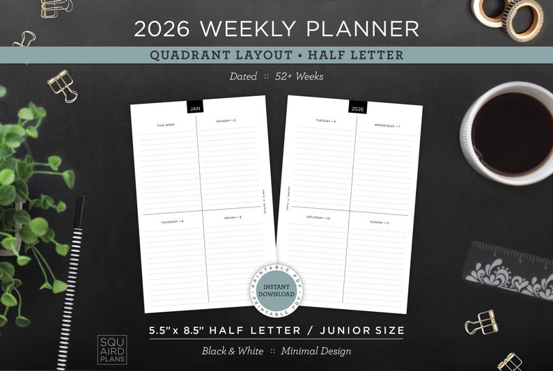 2026 Weekly Planner Printable • Quadrant Layout • 5.5" X 8.5" Half ...