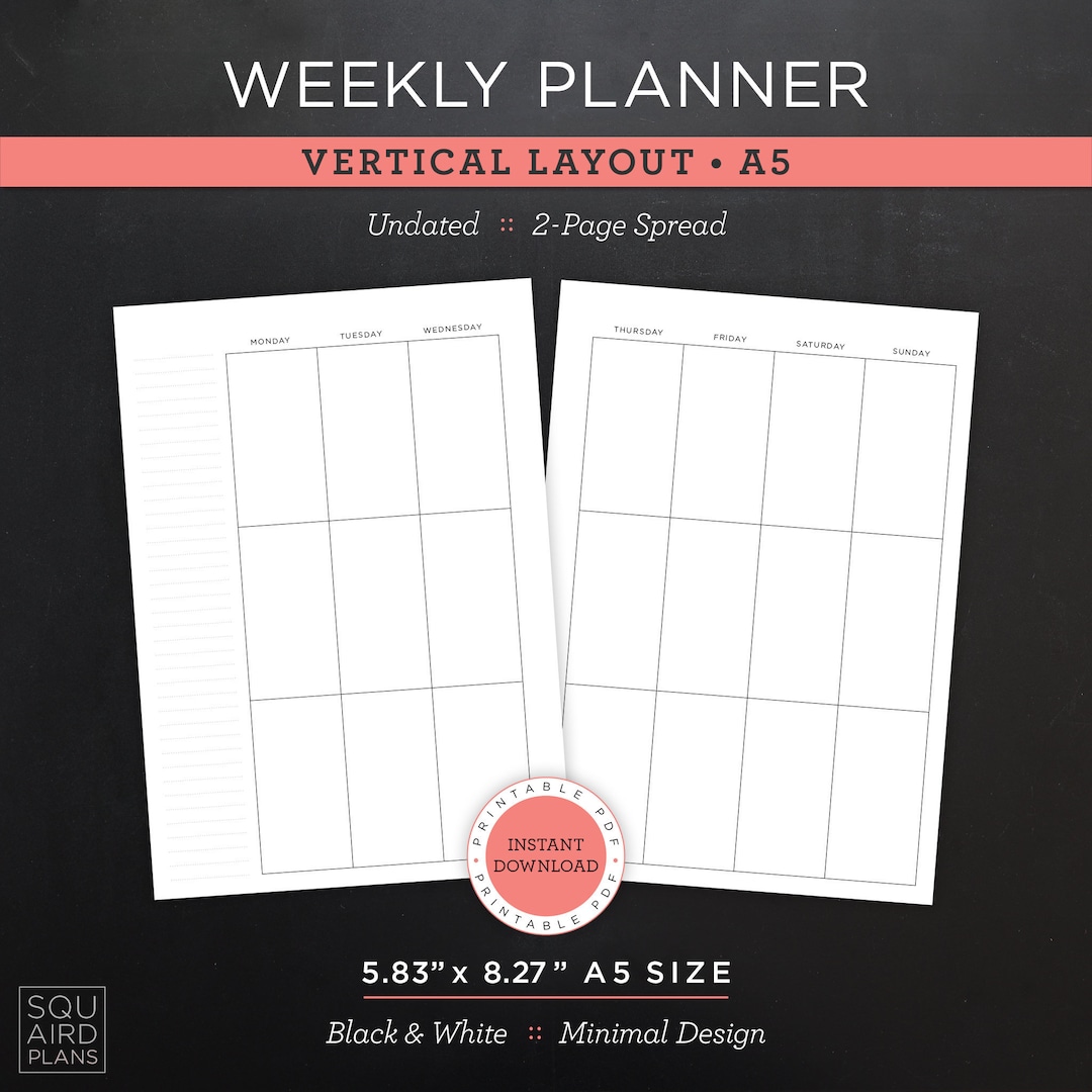 Undated Weekly Planner Printable • Vertical Layout • 5.83" X 8.27" A5 ...