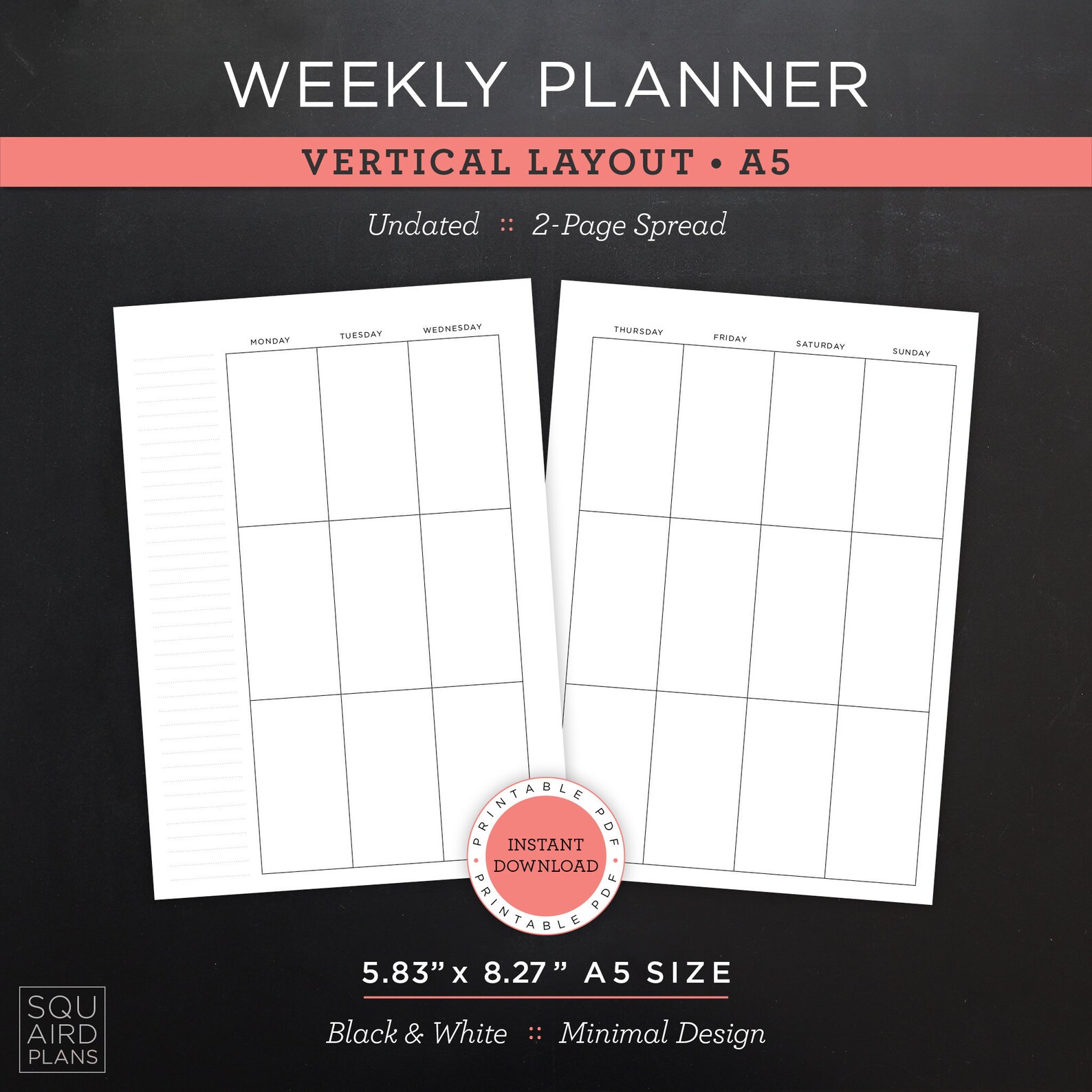 Undated Weekly Planner Printable • Vertical Layout • 5.83" X 8.27" A5 ...
