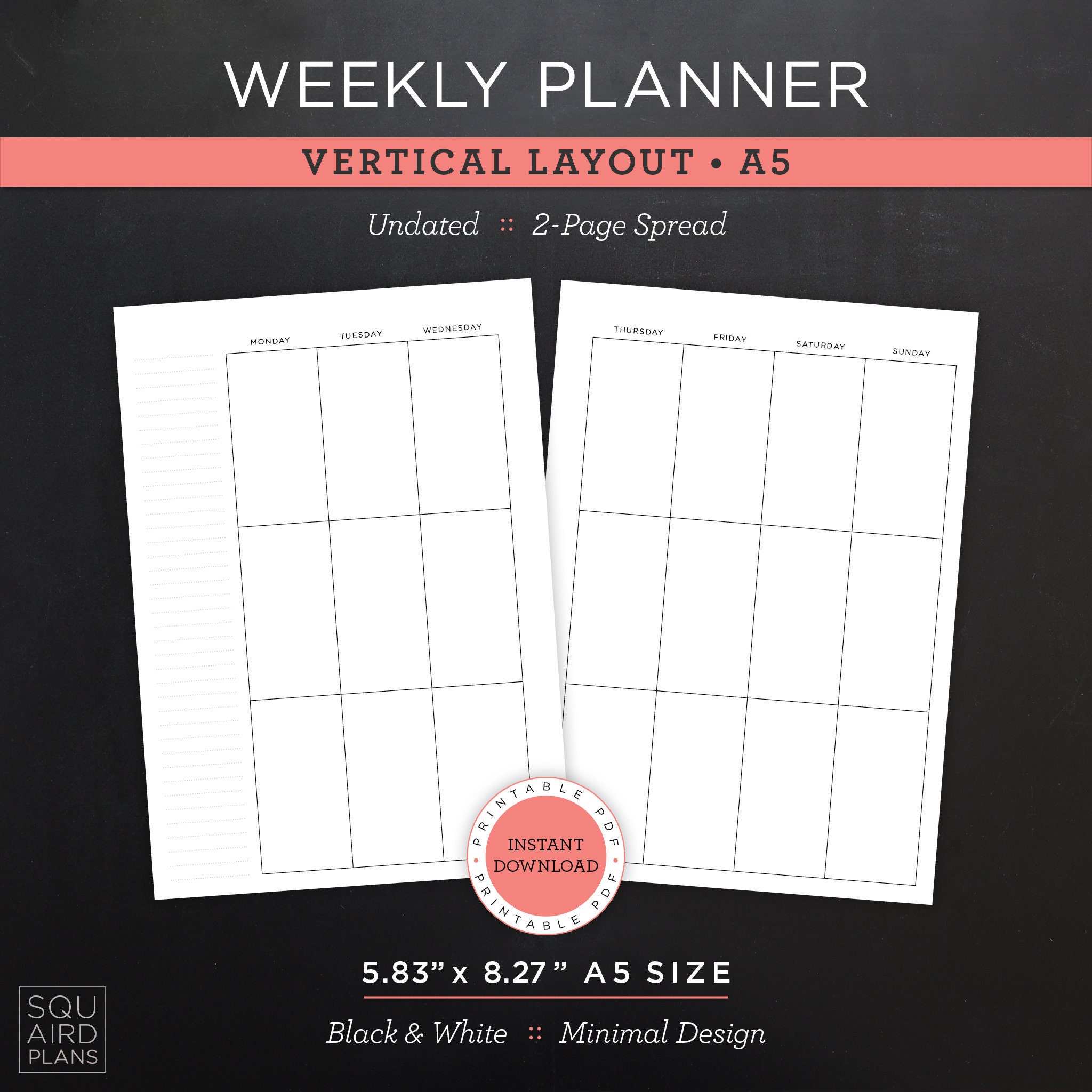 Undated Weekly Planner Printable • Vertical Layout • 5.83" X 8.27" A5 ...