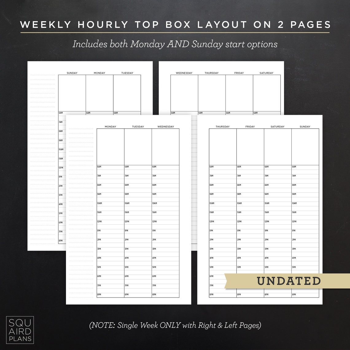 Undated Weekly Planner Printable • Hourly Top Box Layout • 4.625