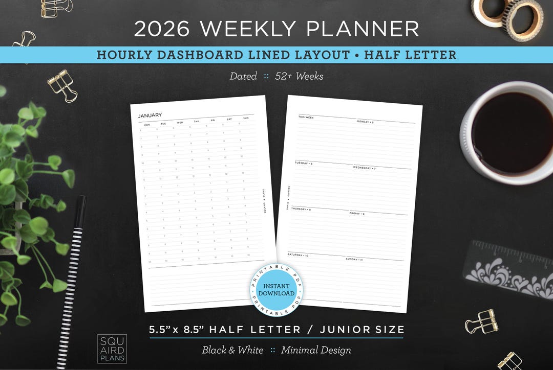 2026 Weekly Planner Printable • Hourly Dashboard Lined Layout • 5.5